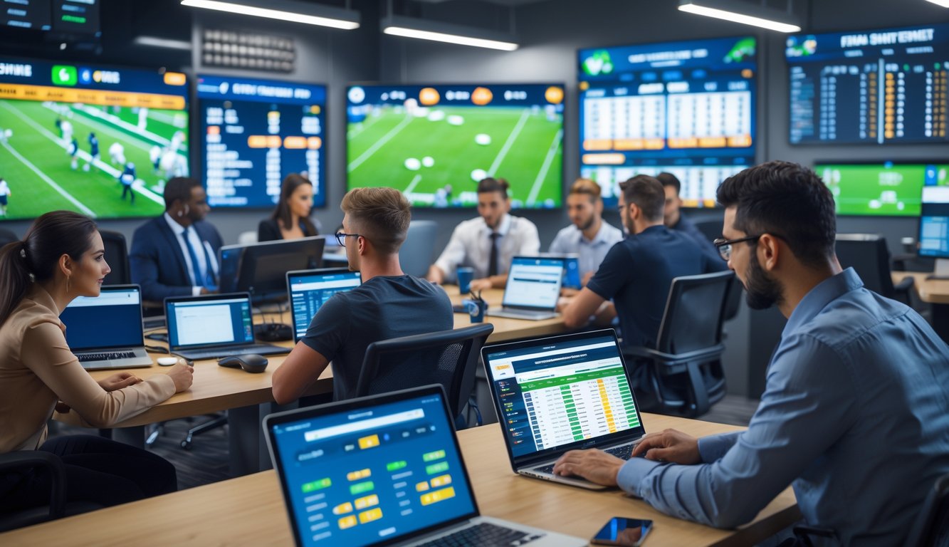 Orang-orang di kantor modern sedang menggunakan perangkat digital untuk taruhan bola dan berdiskusi bersama.