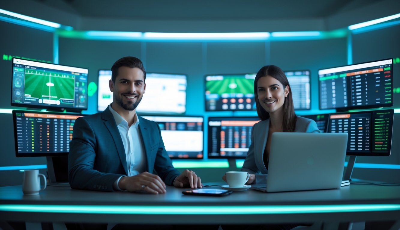 Seorang pria dan wanita duduk di meja modern dengan beberapa layar komputer yang menampilkan pertandingan sepak bola dan data taruhan, di sebuah kantor futuristik.