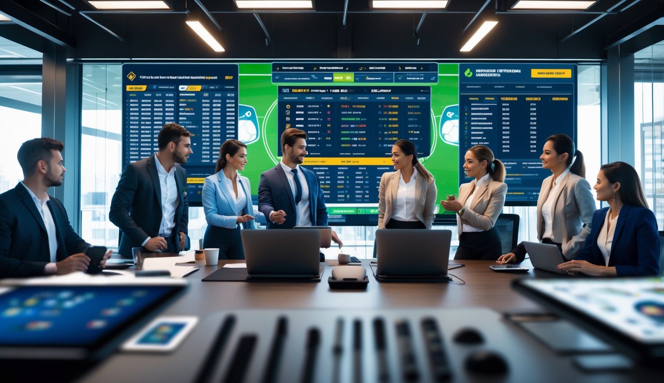 Sekelompok profesional sedang berdiskusi di kantor modern dengan layar digital yang menampilkan statistik olahraga dan peluang taruhan.