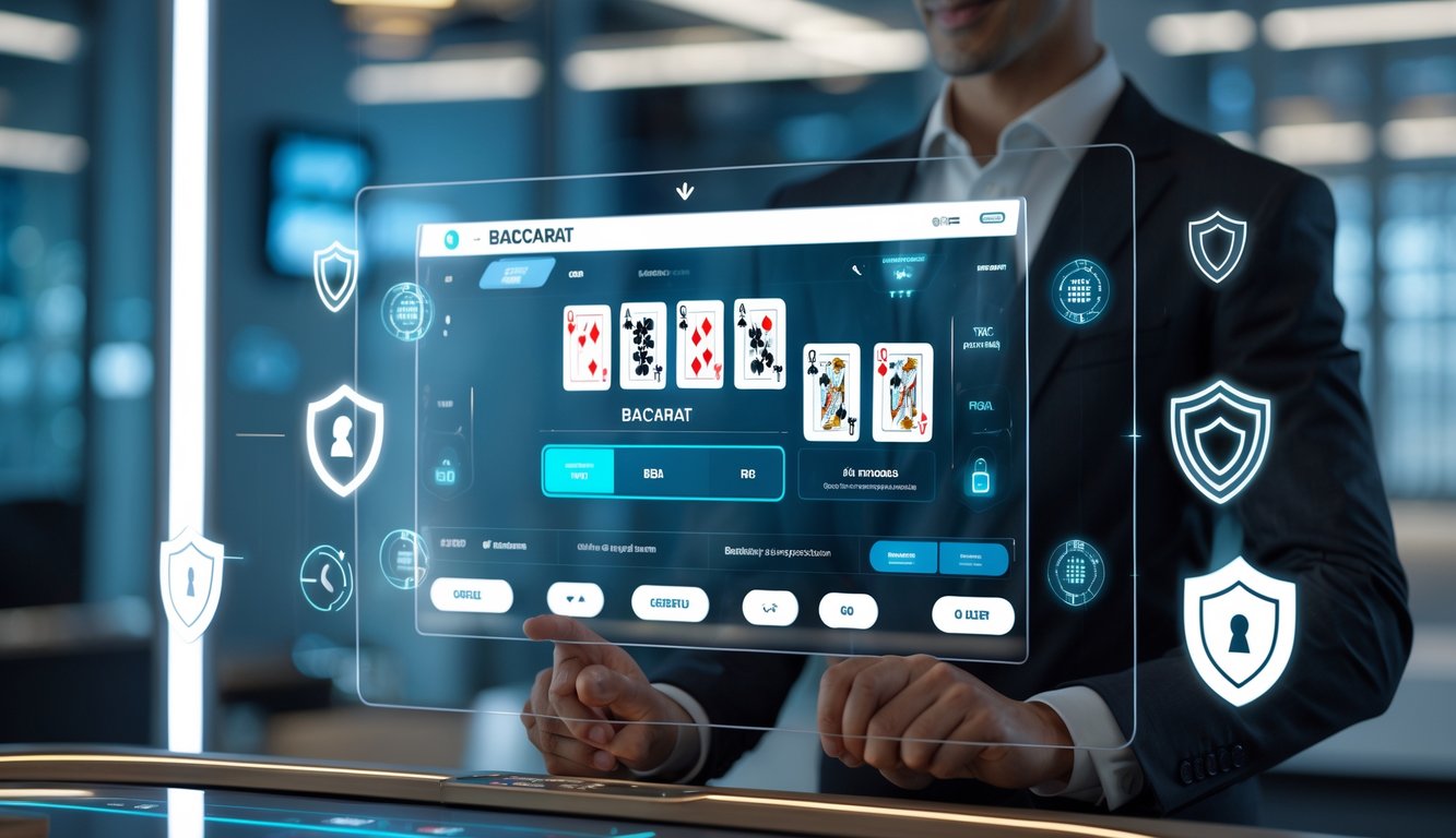 Seorang profesional menggunakan layar sentuh digital yang menampilkan permainan baccarat dengan simbol keamanan digital di latar belakang kantor modern.