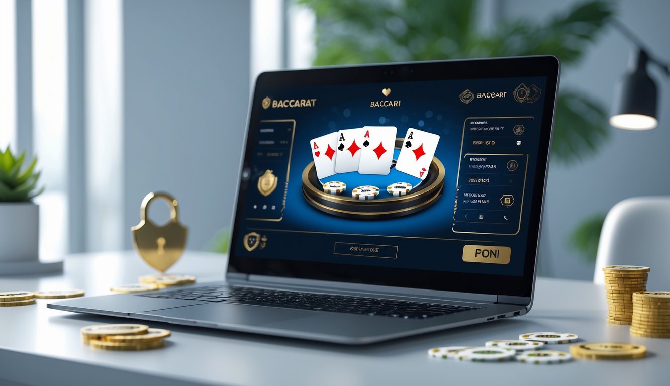 Sebuah meja kerja dengan komputer yang menampilkan permainan baccarat online, kartu dan chip terlihat di layar, dengan suasana yang terang dan rapi.