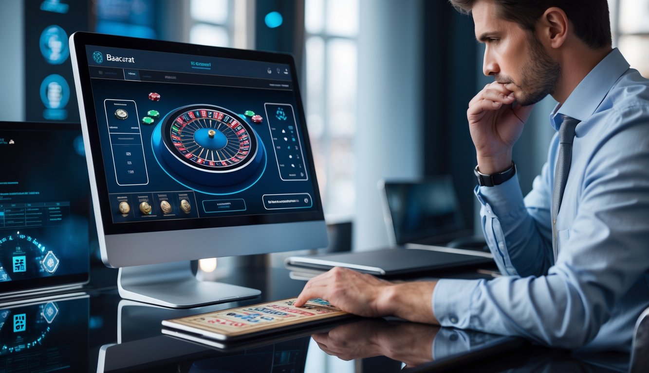 Seorang pria berpakaian rapi sedang menggunakan komputer dengan tampilan permainan baccarat online di meja kerja yang rapi dan terang.