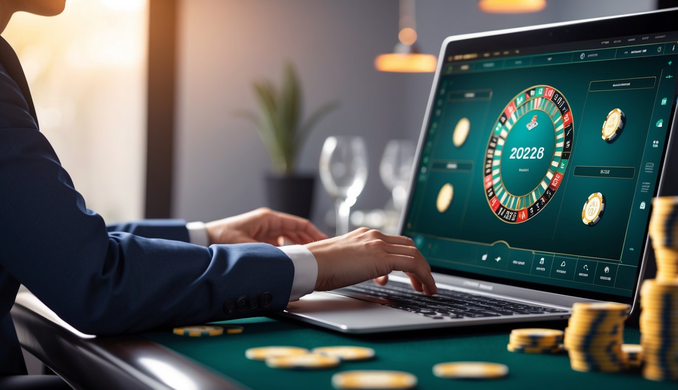 Seorang pria menggunakan laptop dengan tampilan permainan baccarat online di layar dalam ruangan yang terang dan modern.