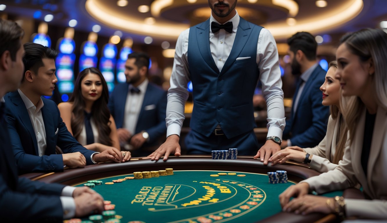 Seorang dealer berdiri di meja baccarat dengan pemain yang serius di sekitarnya di dalam kasino modern.