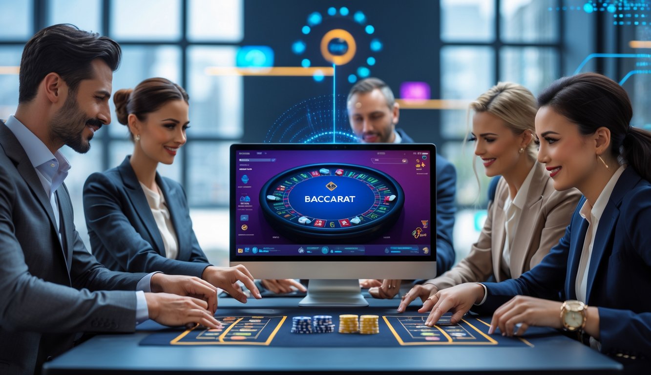 Beberapa orang bermain baccarat online di depan komputer di ruangan modern dengan suasana fokus dan antusias.