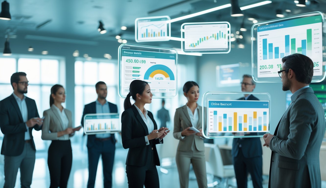 Sekelompok profesional sedang menganalisis data di layar digital transparan di ruang kantor modern.