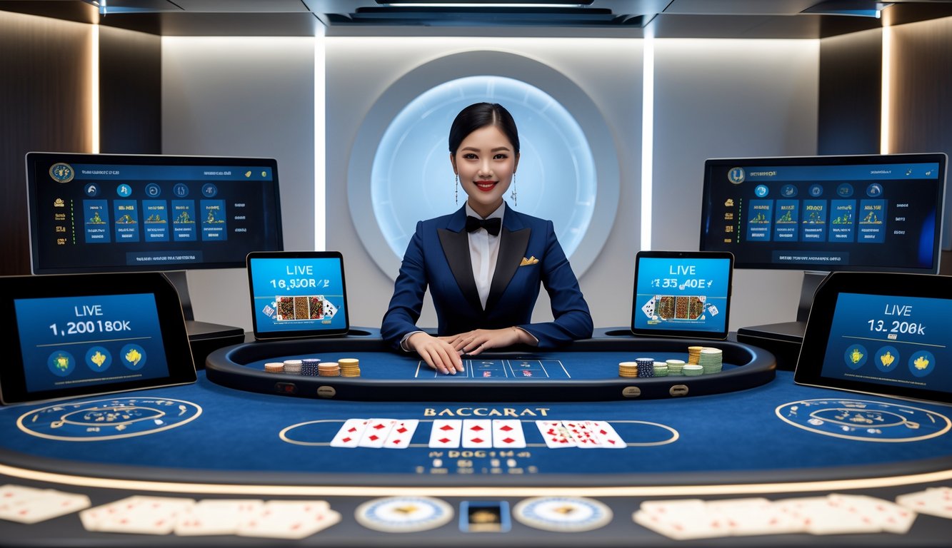 Seorang dealer langsung sedang bermain baccarat di meja dengan kartu dan chip, dikelilingi oleh layar yang menampilkan statistik permainan.