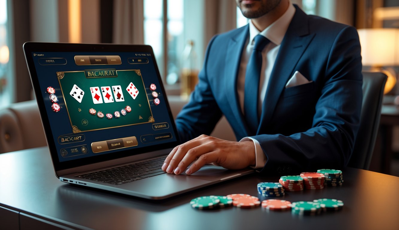 Seorang pria atau wanita duduk di depan komputer dengan tampilan permainan baccarat online di layar, di ruangan yang rapi dan nyaman.
