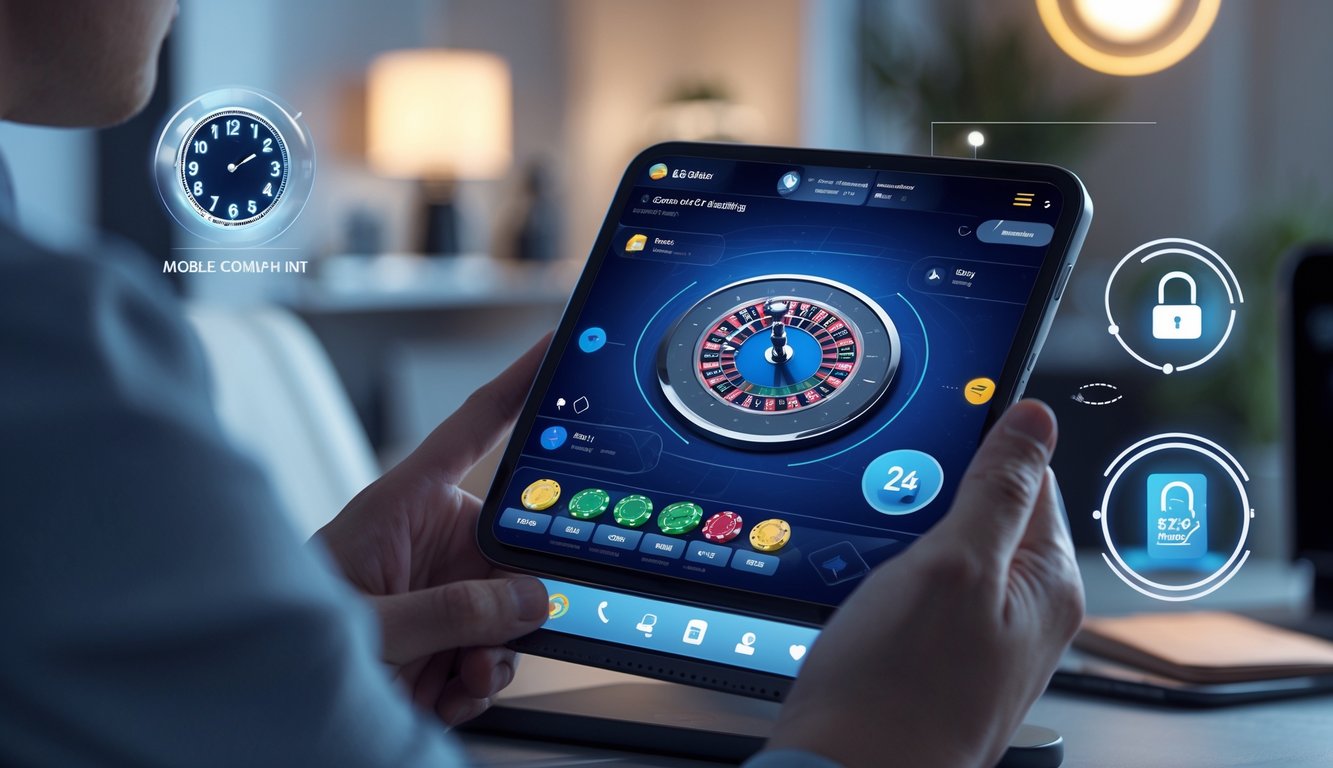 Seseorang menggunakan ponsel untuk bermain baccarat online di lingkungan rumah atau kantor yang modern dengan pencahayaan lembut.