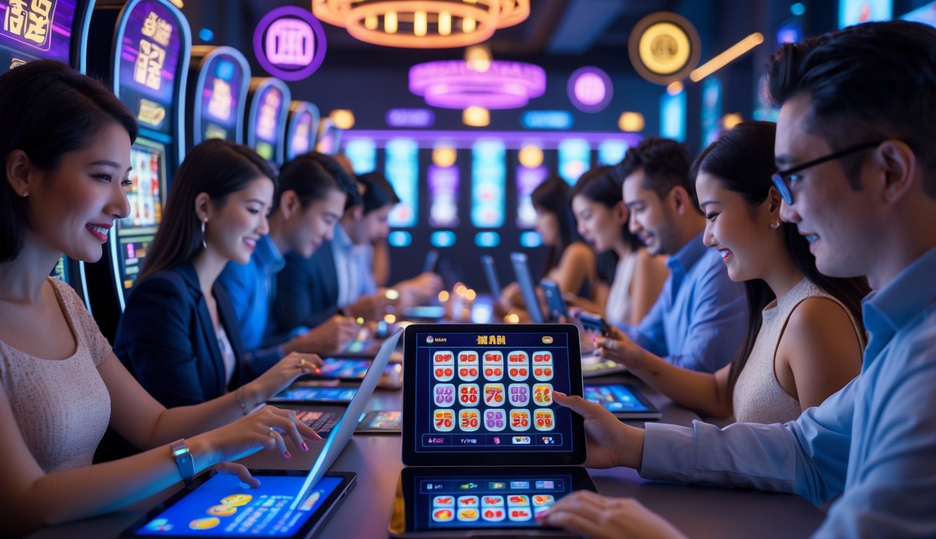 Orang-orang menggunakan perangkat digital untuk bermain slot dan mahjong di lingkungan permainan modern yang cerah dan futuristik.