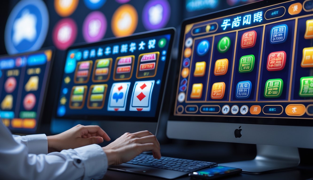 Seseorang menggunakan komputer dengan layar menampilkan permainan slot dan Mahjong online dalam suasana kerja yang modern dan aman.