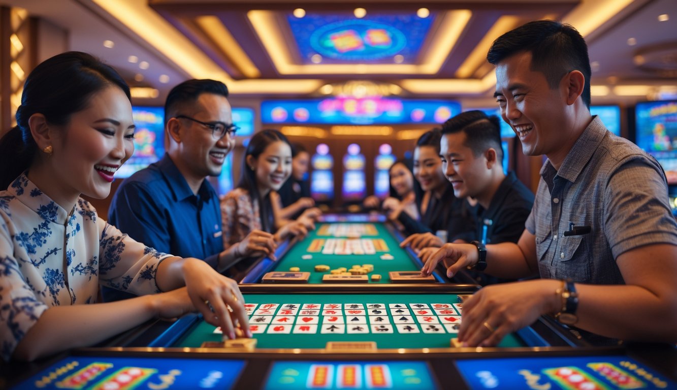 Sejumlah pemain Indonesia bermain mesin slot bertema Mahjong di dalam ruangan kasino yang terang dan modern.