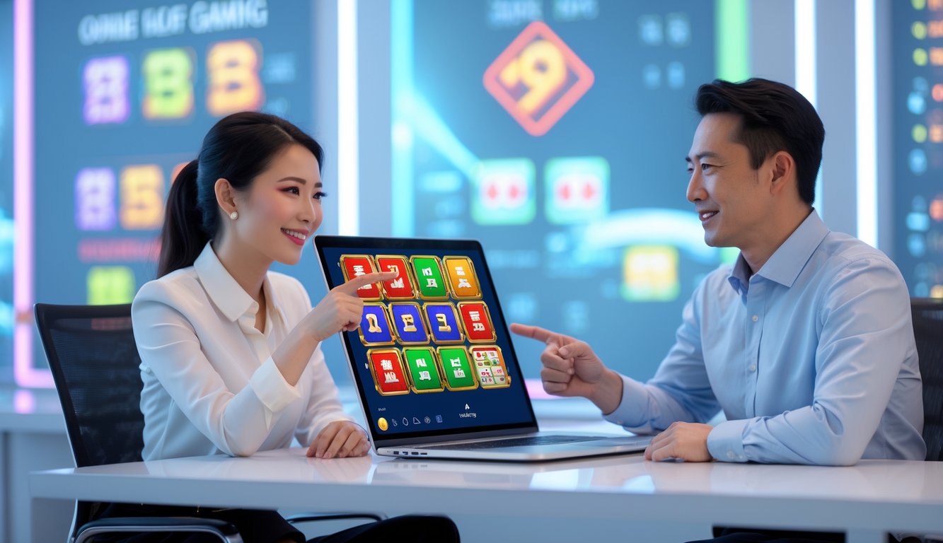 Dua orang sedang berdiskusi di depan laptop dengan gambar permainan slot bertema Mahjong di layar, di sebuah kantor modern.