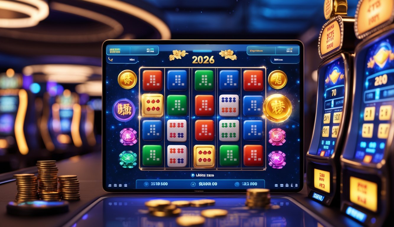 Antarmuka permainan slot Mahjong digital dengan ubin Mahjong dan gulungan mesin slot yang berwarna cerah di latar belakang kasino modern.