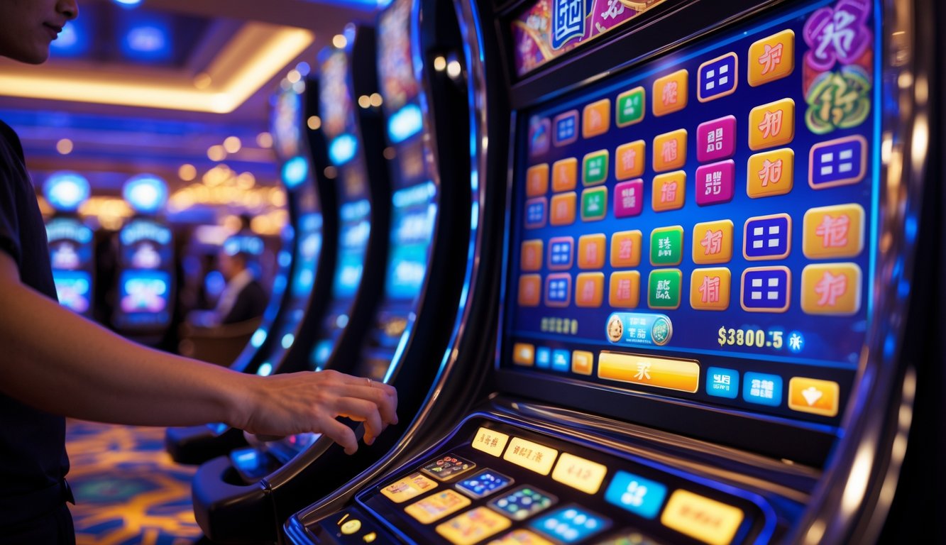 Seorang pemain sedang menggunakan mesin slot bertema Mahjong di dalam kasino yang modern dan terang.