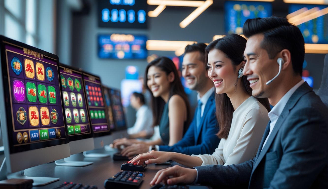 Orang-orang bermain permainan slot Mahjong di komputer dalam ruangan kerja modern dengan suasana ramah dan profesional.