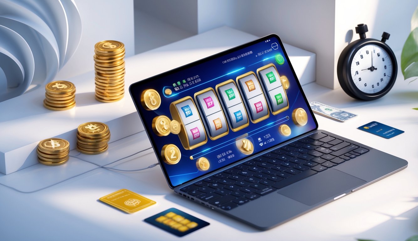 Seseorang menggunakan perangkat digital dengan tampilan permainan slot dan Mahjong, dikelilingi ikon yang mewakili proses deposit cepat dan murah.