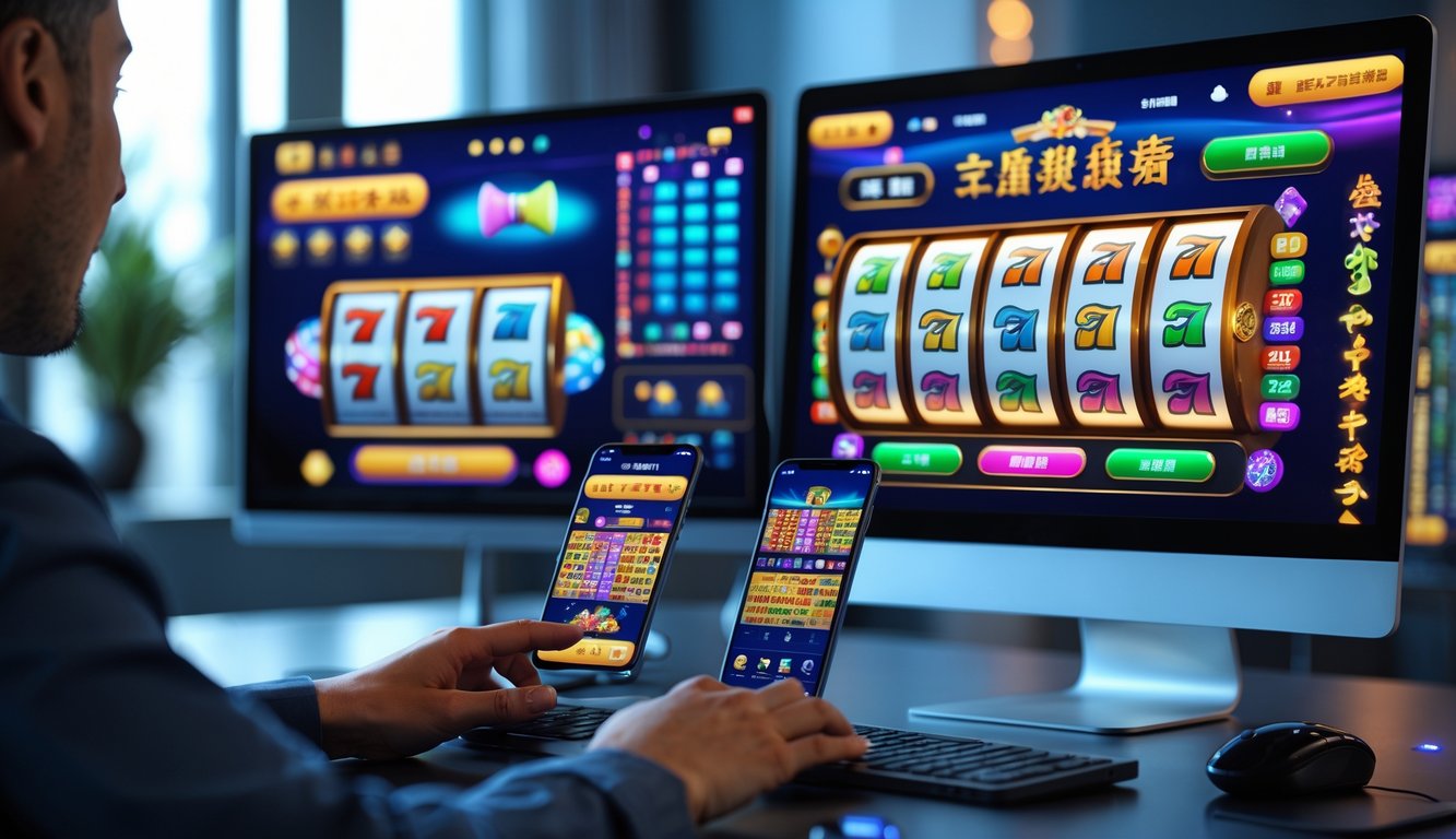 Seorang pemain dewasa menggunakan komputer dan ponsel untuk bermain permainan slot dan mahjong online di sebuah ruangan permainan yang modern.