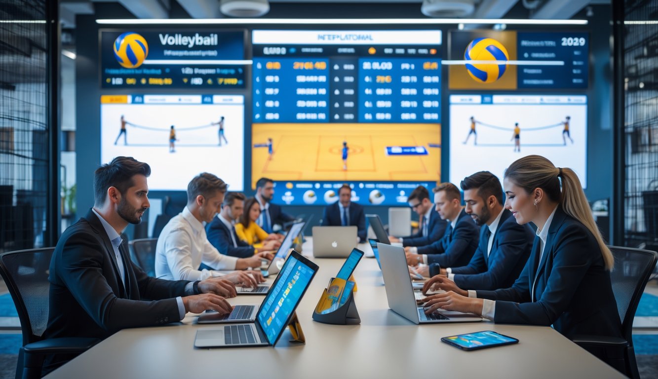 Orang-orang sedang memasang taruhan olahraga voli menggunakan perangkat digital di sebuah kantor modern dengan layar besar yang menampilkan pertandingan voli internasional.
