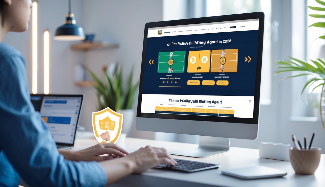 Sebuah ruang kerja modern dengan komputer yang menampilkan situs taruhan voli online, dikelilingi simbol keamanan dan suasana yang profesional.