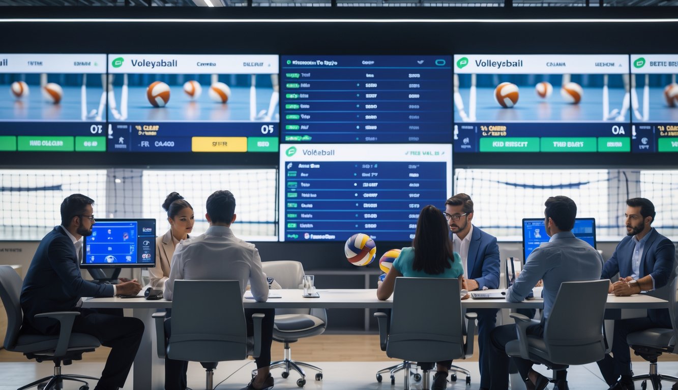 Kantor agen judi olahraga voli dengan layar digital menampilkan pertandingan voli dan data taruhan, serta profesional yang sedang bekerja.
