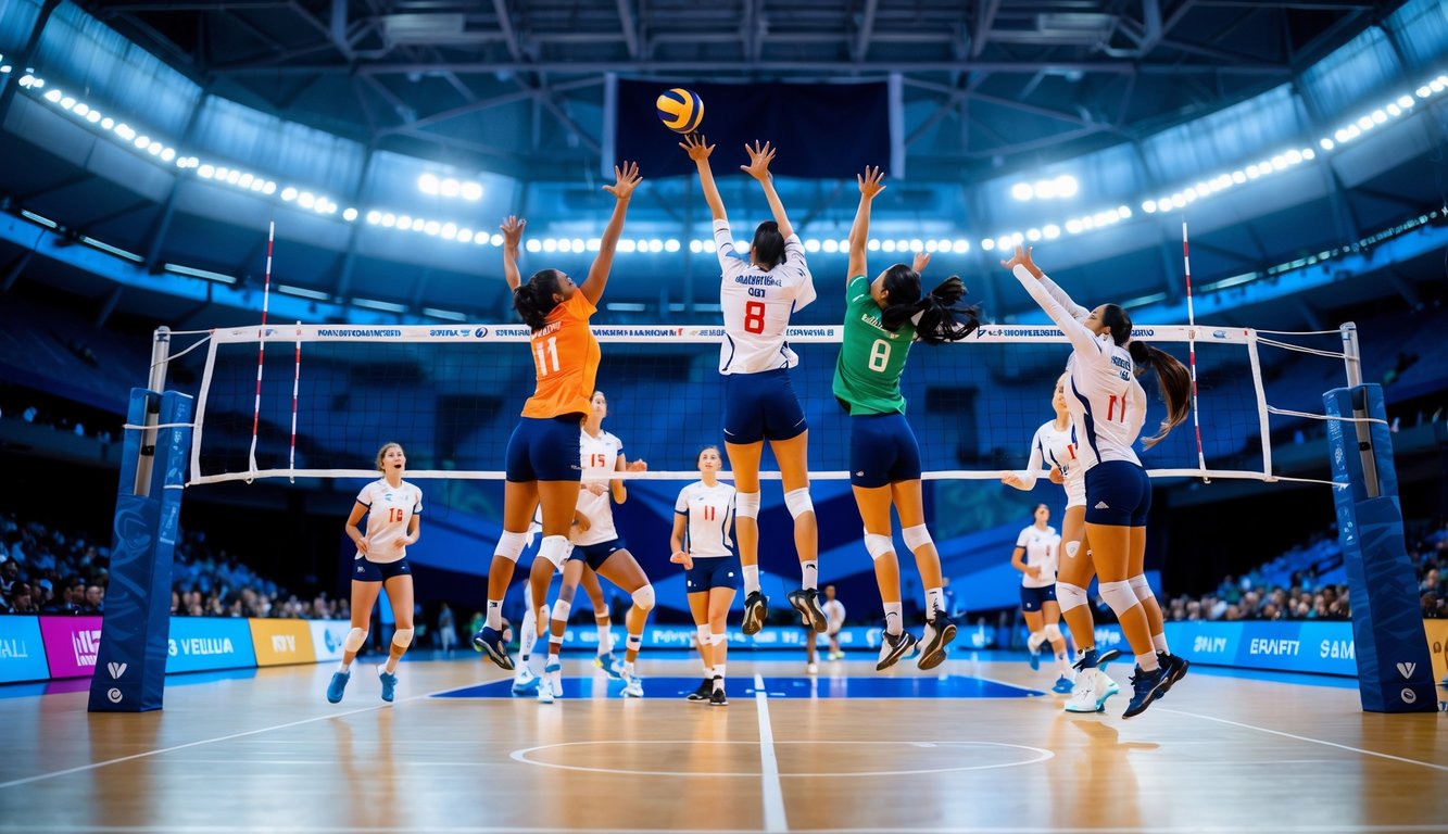 Lapangan voli dalam ruangan dengan pemain yang sedang melompat dan memukul bola di depan penonton yang bersorak.