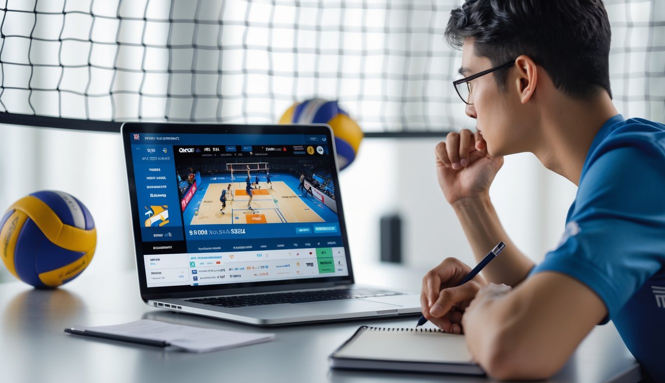 Seorang pemula sedang menggunakan laptop untuk menonton pertandingan voli dan memasang taruhan olahraga online di meja kerja modern.