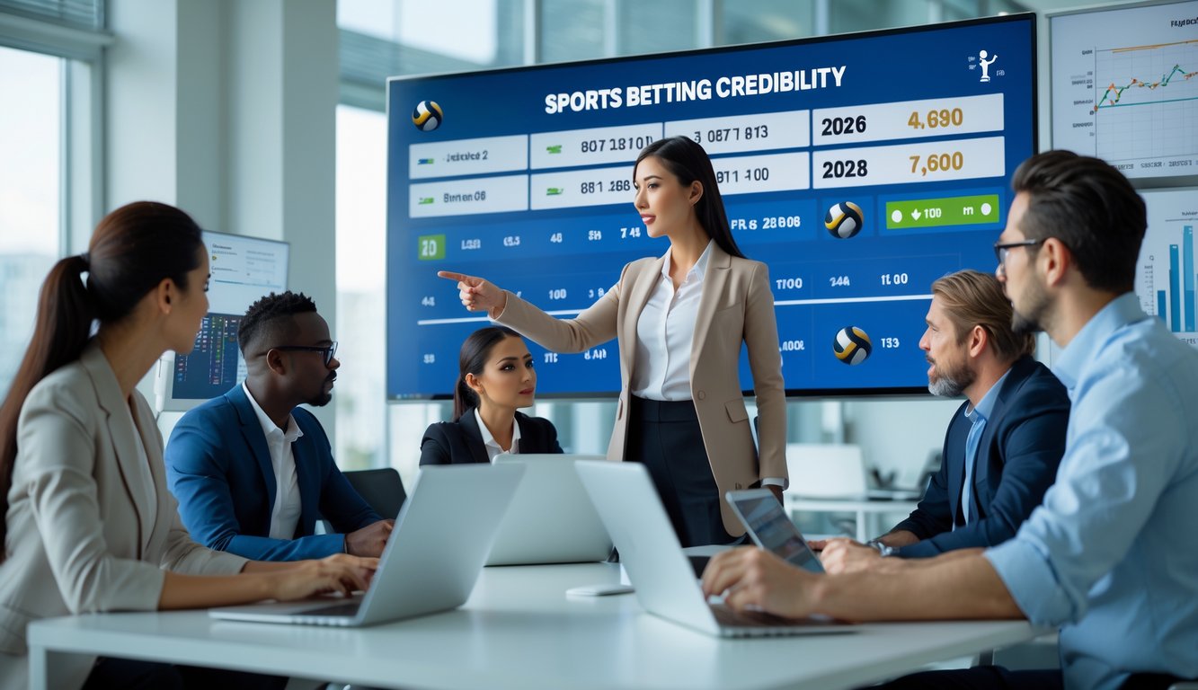 Sekelompok orang sedang berdiskusi serius di kantor dengan layar besar yang menampilkan statistik voli dan data taruhan.