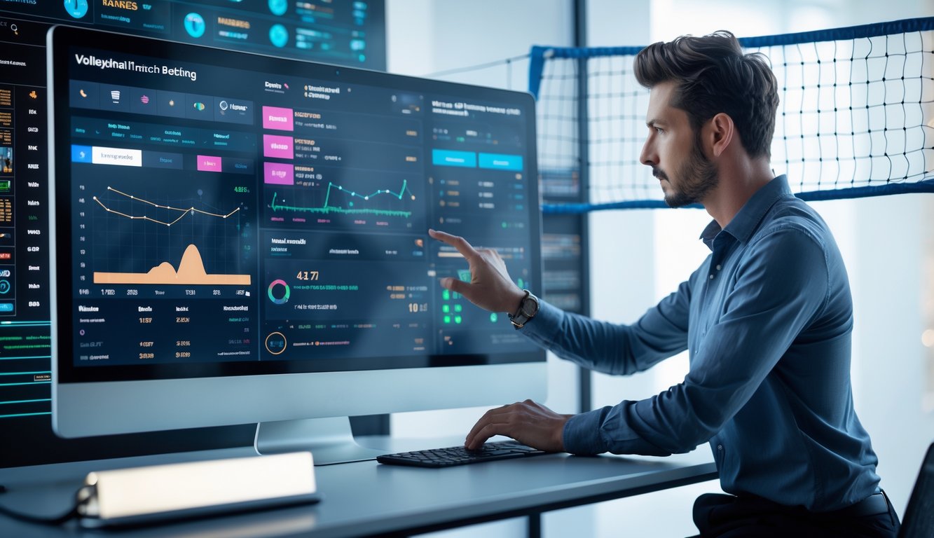 Seseorang sedang menggunakan komputer untuk melihat statistik dan taruhan langsung pertandingan voli secara online.