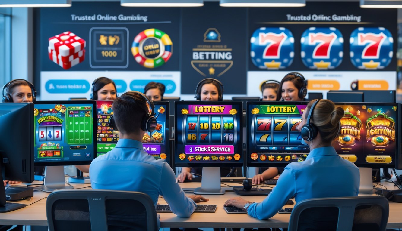 Seorang tim layanan pelanggan sedang bekerja di kantor modern dengan komputer dan layar yang menampilkan permainan slot dan togel.