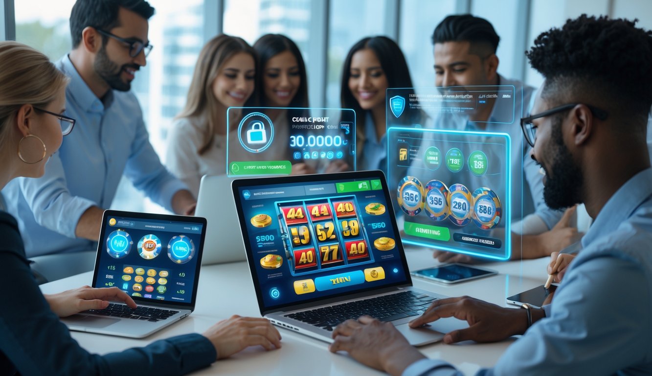 Orang-orang menggunakan perangkat digital untuk bermain permainan slot dan togel online dalam suasana ruangan modern yang aman dan terpercaya.