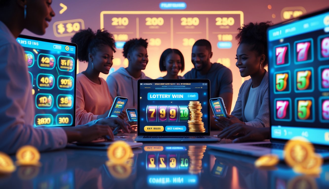 Sekelompok orang muda menggunakan perangkat digital dengan tampilan permainan slot dan togel, menunjukkan suasana semangat dan antisipasi di lingkungan perjudian online.