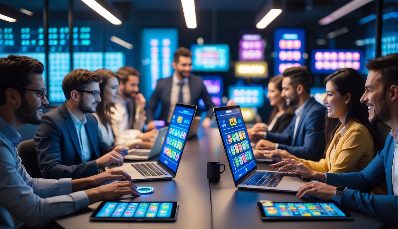 Sekelompok orang menggunakan perangkat digital untuk bermain permainan slot dan togel di lingkungan kantor modern.