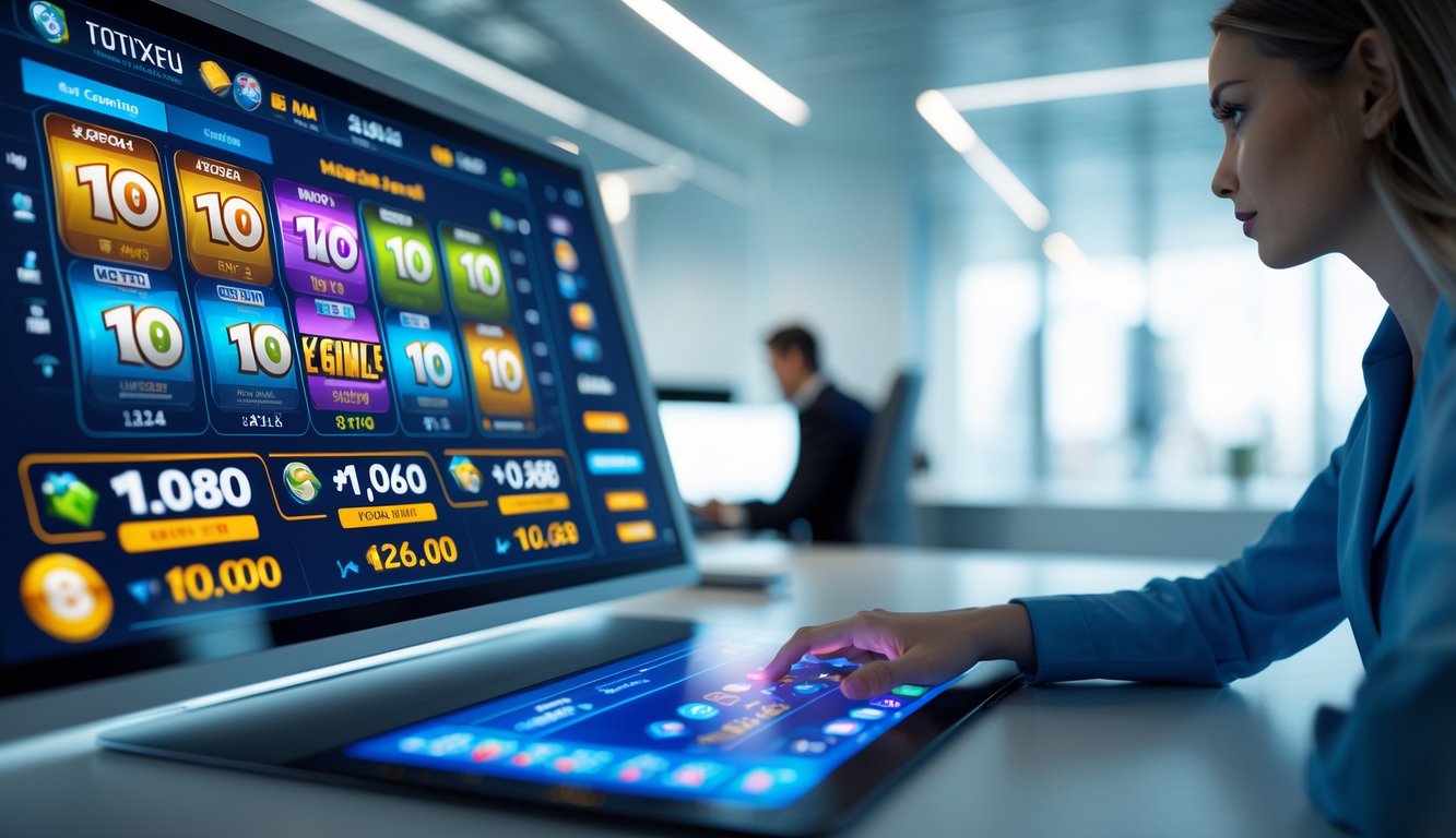 Seseorang menggunakan antarmuka digital modern dengan grafik permainan togel dan slot di lingkungan kantor futuristik.