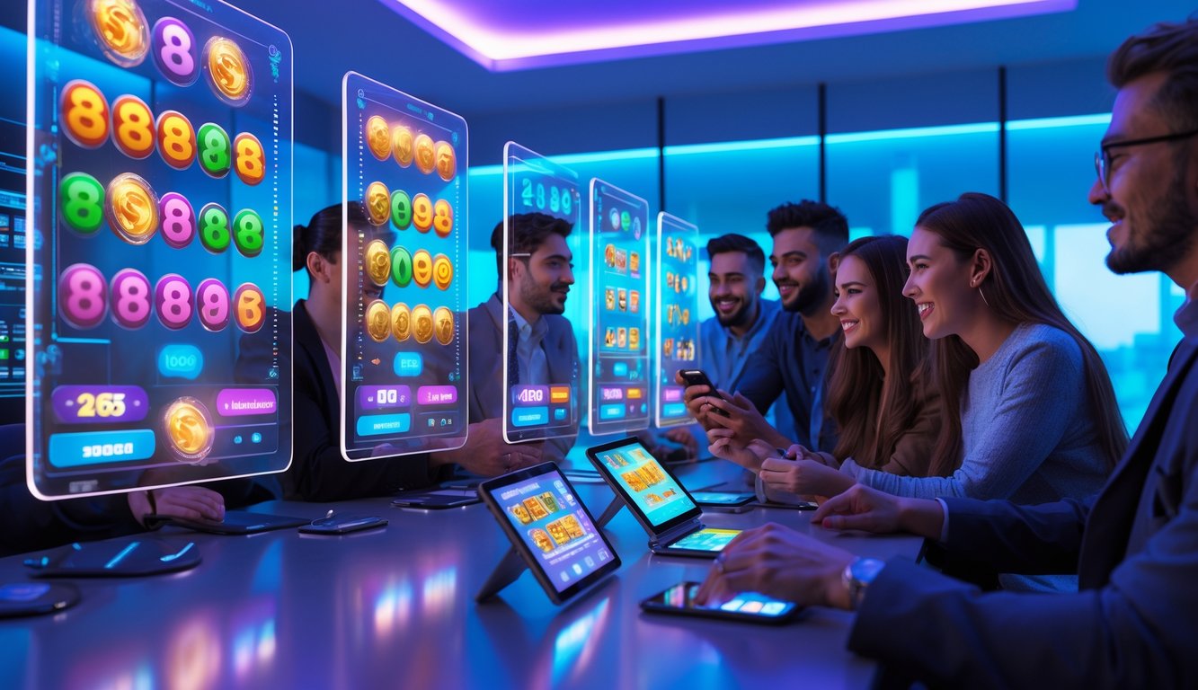 Beberapa orang muda sedang menggunakan perangkat digital untuk bermain permainan judi togel dan slot online di ruangan modern dengan pencahayaan biru dan ungu.