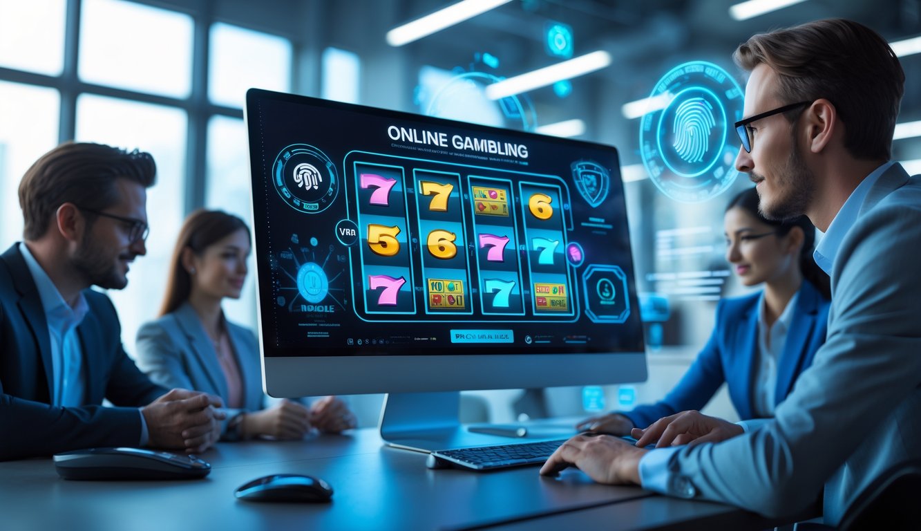 Sebuah ruang kantor modern dengan layar komputer menampilkan platform judi online yang canggih dan tim profesional sedang bekerja bersama.