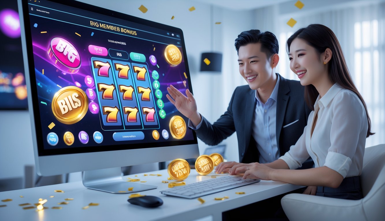 Dua orang muda sedang menggunakan komputer dengan tampilan permainan slot dan togel online, suasana ceria dan modern di ruang kerja yang rapi.