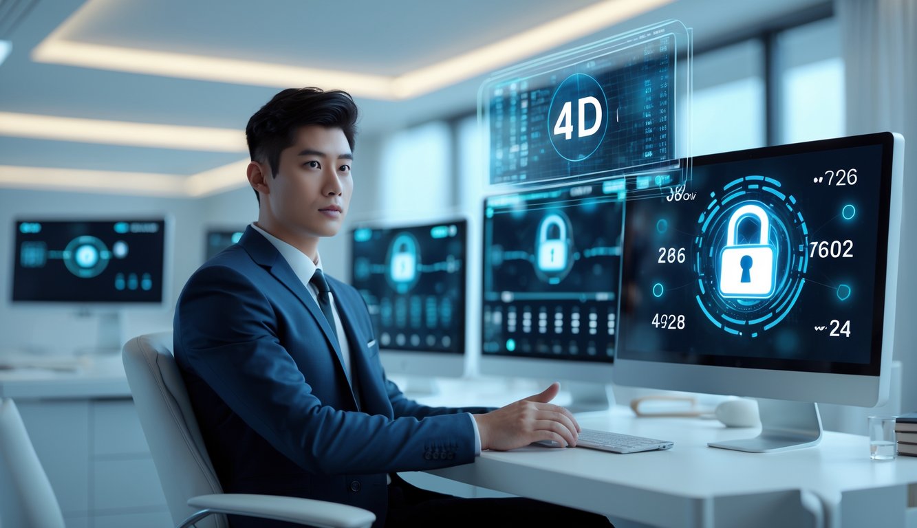 Seorang pria muda duduk di meja modern dengan beberapa layar komputer yang menampilkan grafik keamanan digital dan angka lotre, di kantor futuristik yang terang dan rapi.