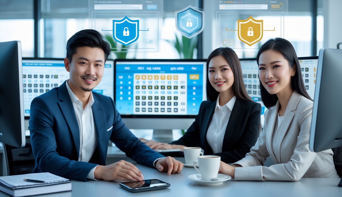 Dua orang profesional sedang bekerja di depan komputer dengan tampilan angka togel dan grafik digital, di dalam kantor modern yang aman dan terpercaya.