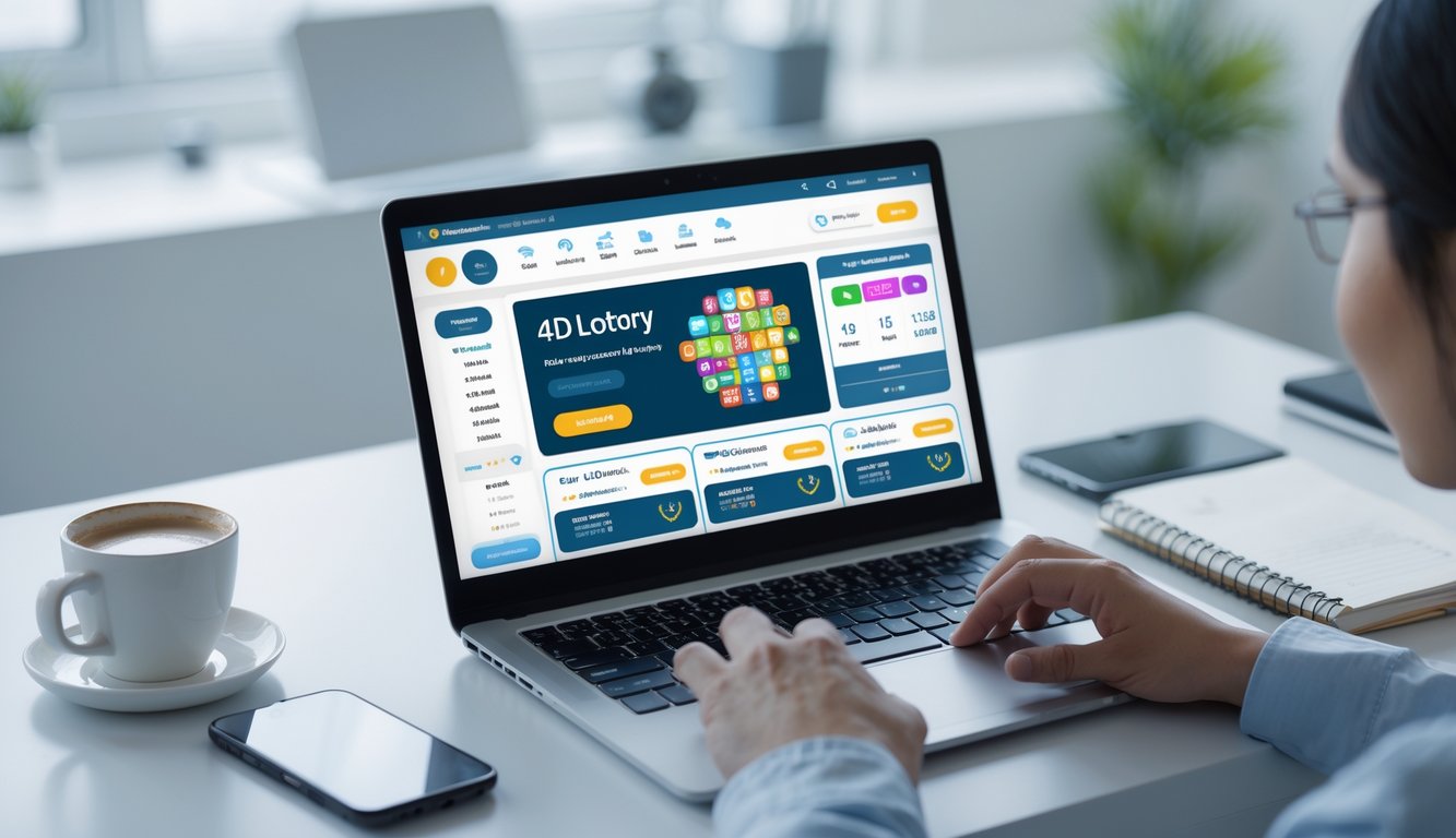 Seseorang menggunakan komputer di meja kerja dengan tampilan situs judi togel online 4D yang modern dan lengkap.