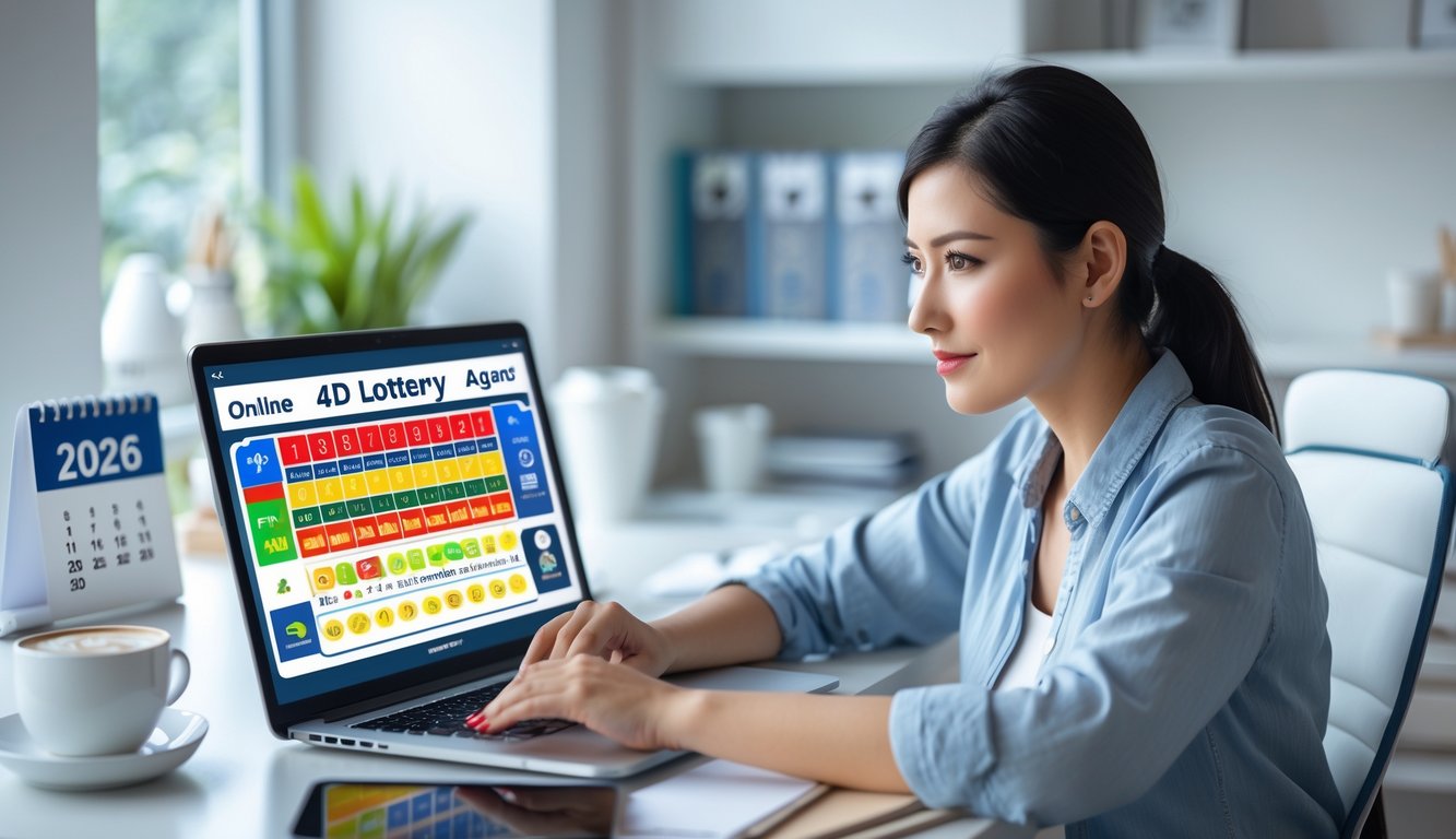 Seorang wanita muda duduk di meja kerja dengan laptop, memperhatikan layar yang menampilkan grafik dan angka terkait permainan togel online 4D, di ruang kerja rumah yang terang dan rapi.