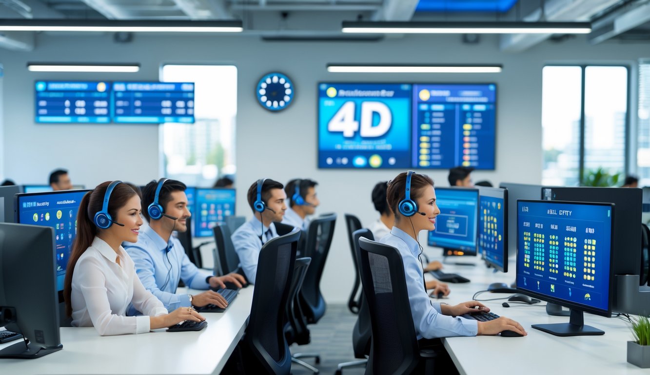 Tim layanan pelanggan yang ramah sedang bekerja di pusat layanan modern dengan komputer dan headset, di kantor terang dan bersih.