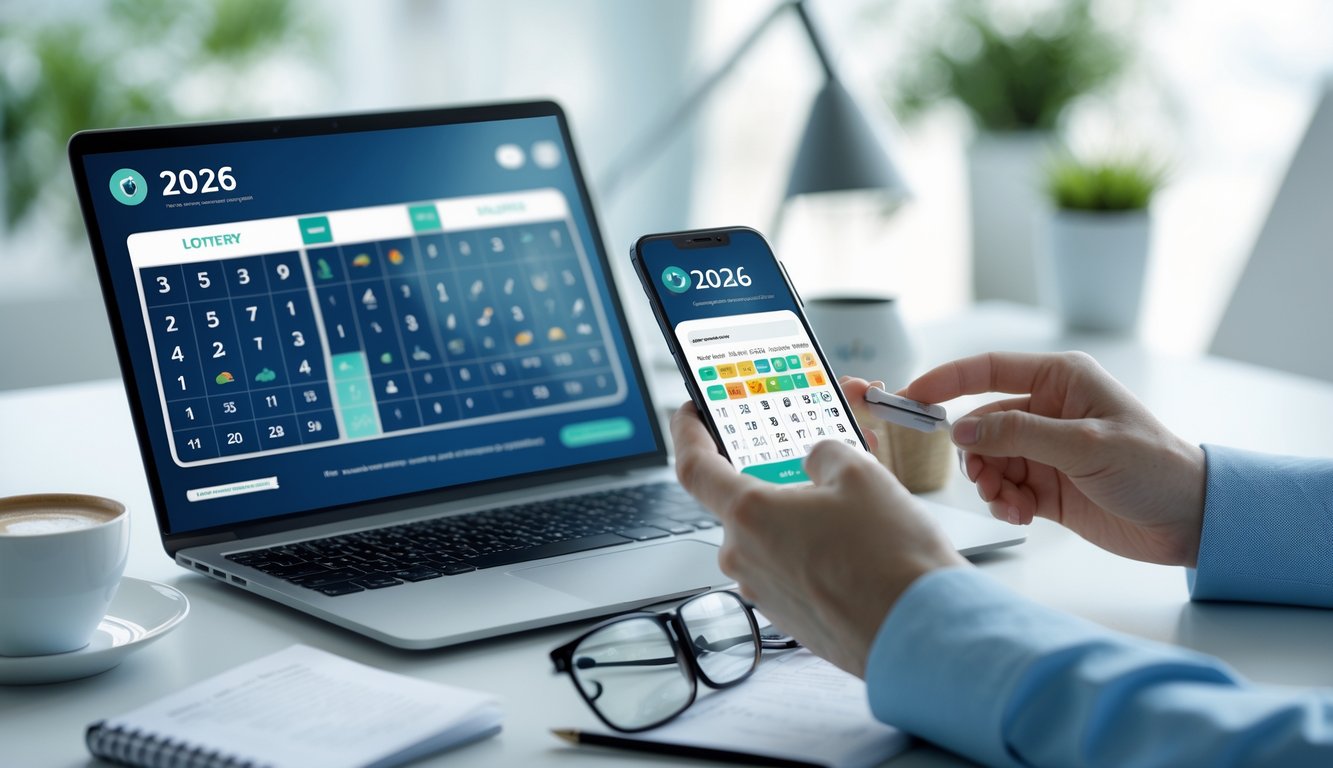 Seseorang menggunakan laptop dan ponsel di meja kerja dengan tampilan antarmuka lotere digital di layar.