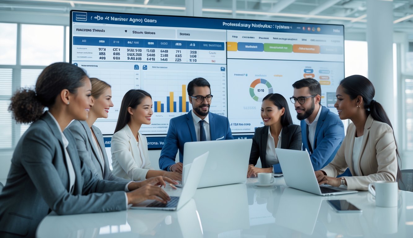 Tim profesional sedang bekerja bersama di kantor modern dengan layar digital menampilkan data transparan dan sistem permainan yang adil.