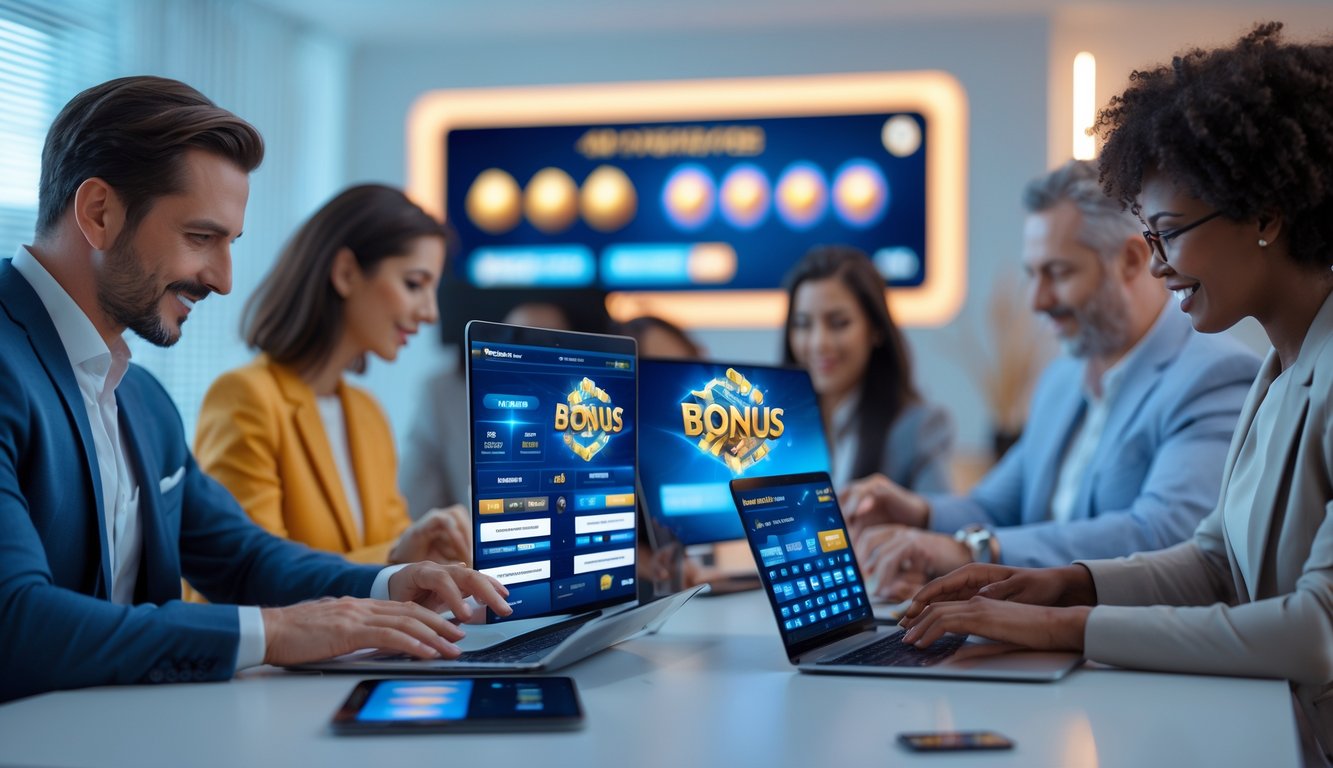 Beberapa orang dewasa menggunakan perangkat digital di ruang kerja modern yang terang, fokus pada permainan togel online dan suasana promosi bonus.