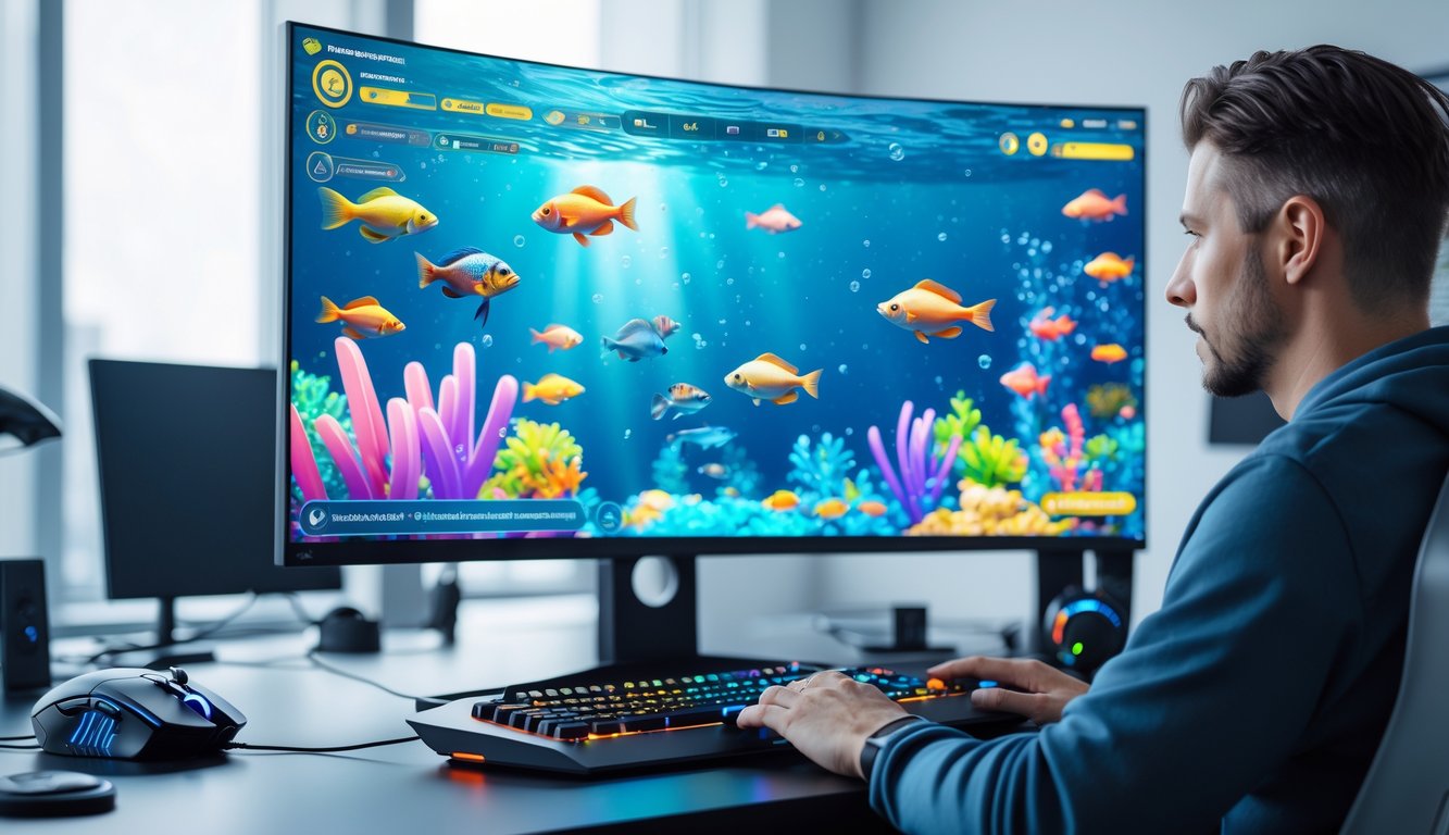 Seorang pria dewasa bermain game tembak ikan 2D di depan layar komputer dengan grafis bawah laut yang berwarna-warni.