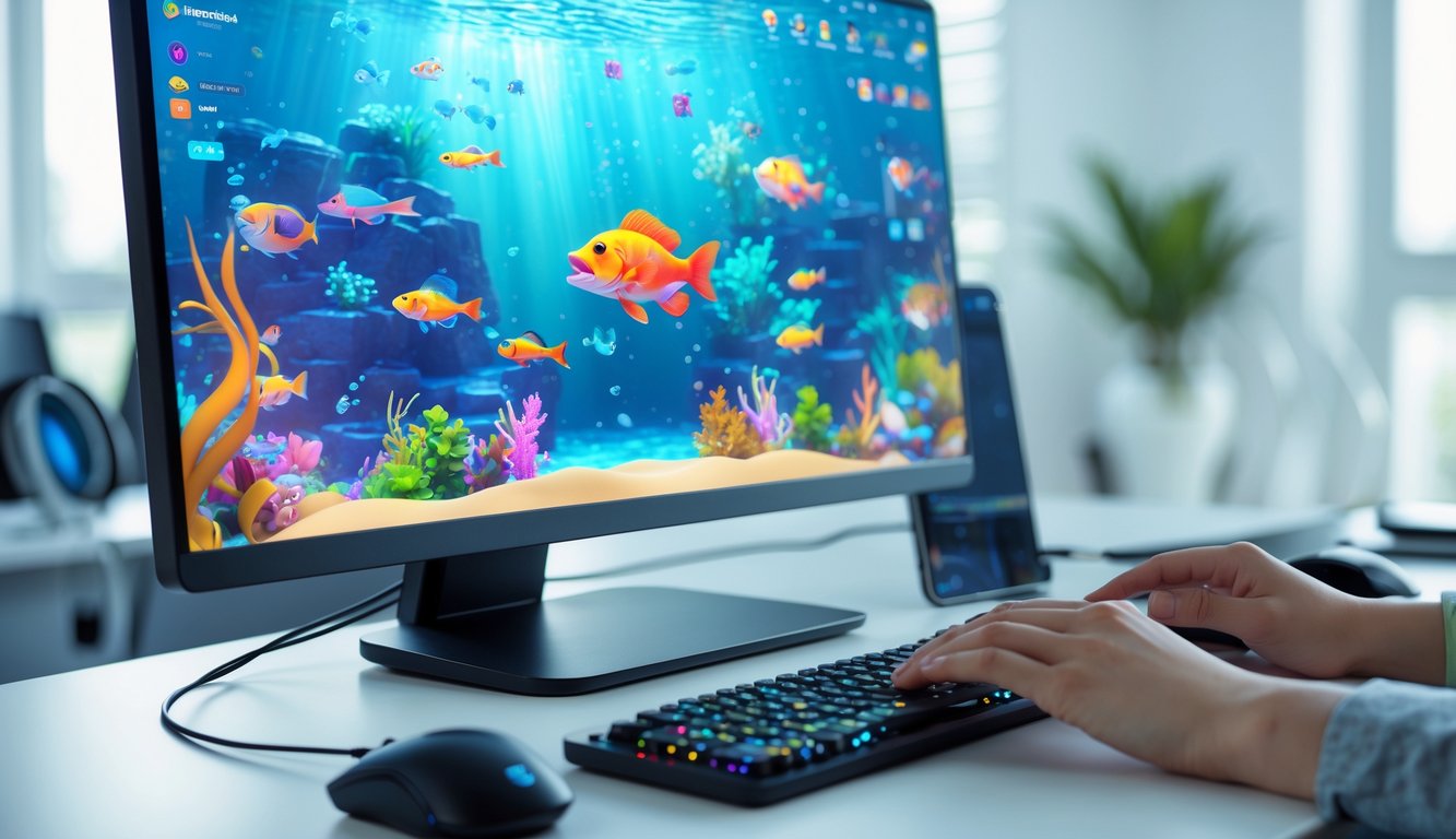 Seseorang bermain game tembak ikan 2D di komputer dengan layar menampilkan grafik ikan warna-warni di bawah laut.