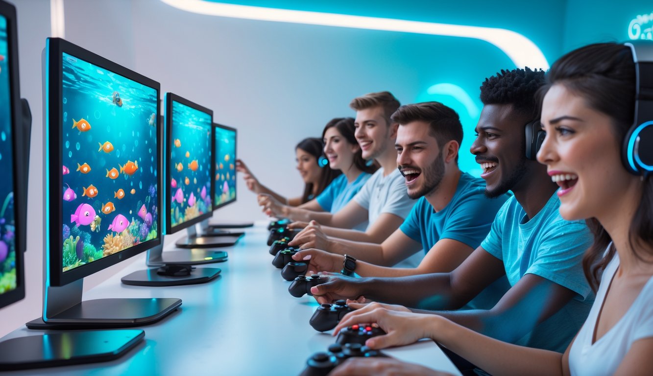 Beberapa orang muda sedang bermain game tembak ikan 2D di sebuah ruang permainan modern dengan layar komputer yang menampilkan ikan-ikan berwarna-warni.