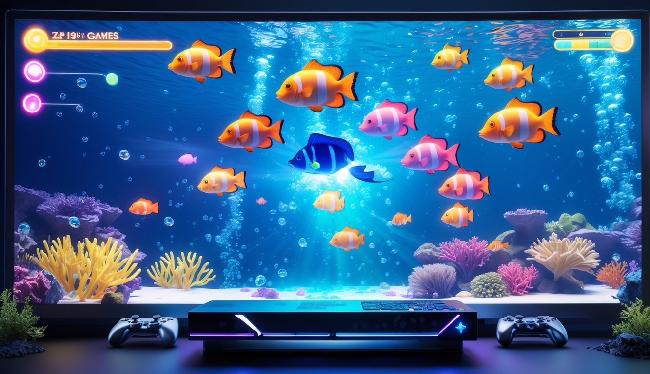 Adegan permainan ikan tembak 2D dengan berbagai ikan berwarna-warni di layar permainan digital yang cerah dan menarik.