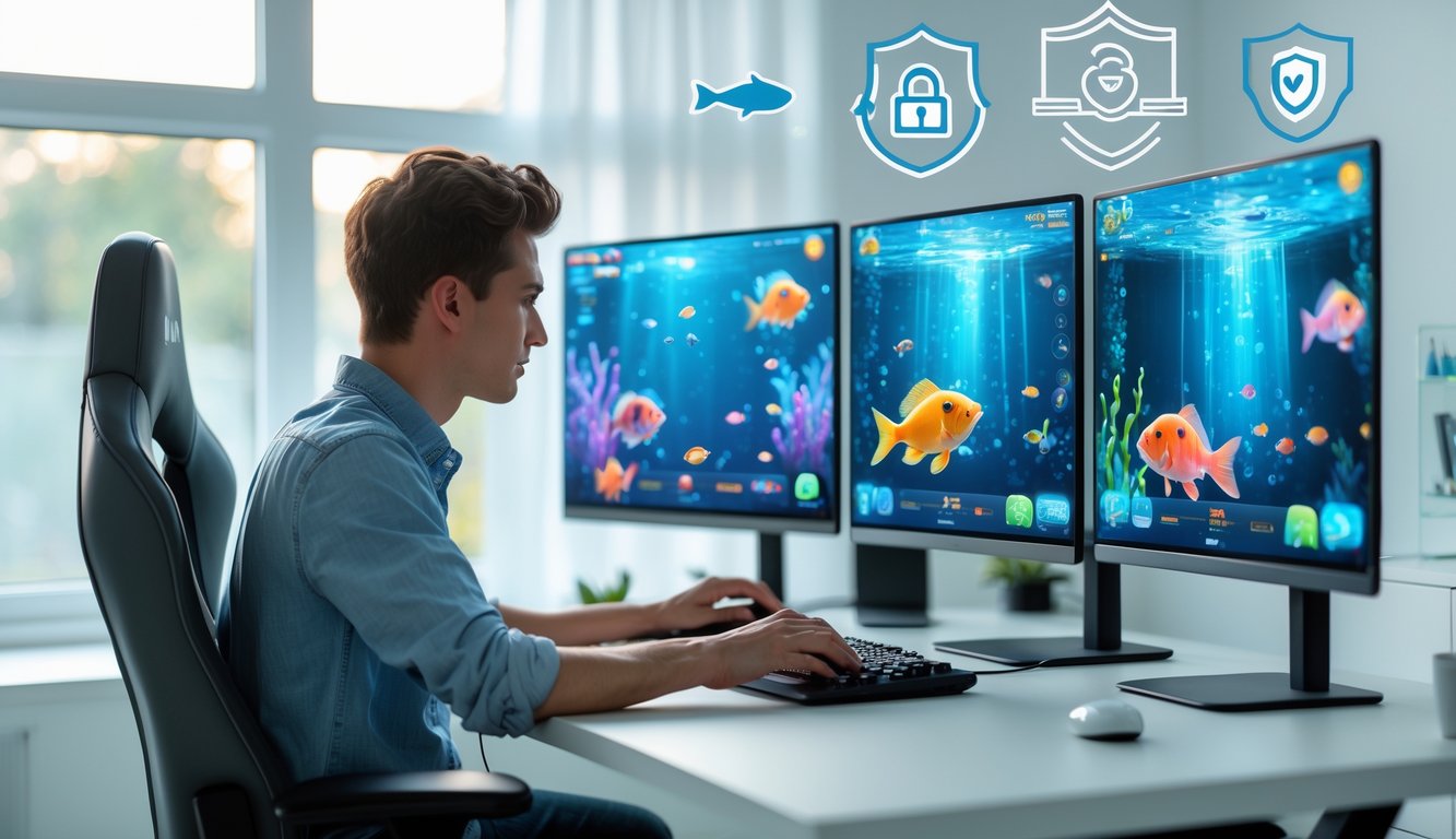 Seorang dewasa muda bermain game tembak ikan 2D di komputer di ruang kerja modern yang terang dan rapi.